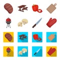 Barbeque grill, champignons, knife, barbecue mitten.BBQ set collection icons in cartoon,flat style vector symbol stock Royalty Free Stock Photo