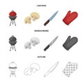 Barbeque grill, champignons, knife, barbecue mitten.BBQ set collection icons in cartoon,outline,monochrome style vector Royalty Free Stock Photo