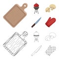 Barbeque grill, champignons, knife, barbecue mitten.BBQ set collection icons in cartoon,outline style vector symbol Royalty Free Stock Photo