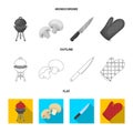 Barbeque grill, champignons, knife, barbecue mitten.BBQ set collection icons in flat,outline,monochrome style vector Royalty Free Stock Photo