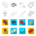 Barbeque grill, champignons, knife, barbecue mitten.BBQ set collection icons in outline,flet style vector symbol stock