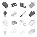 Barbeque grill, champignons, knife, barbecue mitten.BBQ set collection icons in outline,monochrome style vector symbol Royalty Free Stock Photo