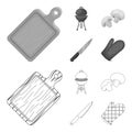 Barbeque grill, champignons, knife, barbecue mitten.BBQ set collection icons in outline,monochrome style vector symbol Royalty Free Stock Photo