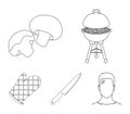 Barbeque grill, champignons, knife, barbecue mitten.BBQ set collection icons in outline style vector symbol stock Royalty Free Stock Photo