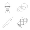 Barbeque grill, champignons, knife, barbecue mitten.BBQ set collection icons in outline style vector symbol stock Royalty Free Stock Photo