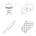 Barbeque grill, champignons, knife, barbecue mitten.BBQ set collection icons in outline style vector symbol stock