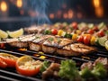 Barbeque fish grill - blurred party background