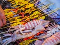 Barbeque Grilled fresh squid on charcoal stove. Royalty Free Stock Photo