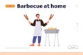 Barbeque at home landing page design template with happy man cooking homemade kebab on skewer