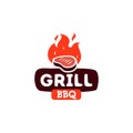 Barbeque logo, barbeque grill logo icon with steak meat and fire flame icon design illustration Vector