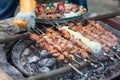 Barbeque meat kebabs.Grilled kebabs cooking on metal skewers. Royalty Free Stock Photo