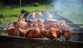 Barbeque meat and sausages or bratwurst on a grill grate in backyard. Man preparing shashlik or shish kebab over Royalty Free Stock Photo