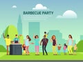 Barbeque party design. Cartoon character families in park vector illustration Royalty Free Stock Photo