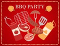 Barbeque party poster or invitation with bbq meat, sausages and grilled food steak, chicken, vegetables, kitchenware Royalty Free Stock Photo