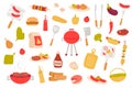 Barbeque picnic isolated objects set. Collection of bbq party, cooking meat dishes, sausage, steak, kebab, vegetable, hot dog,