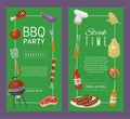 Barbeque picnic party banner meat steak roasted on round hot barbecue grill vector illustration. Bbq in park, banner Royalty Free Stock Photo