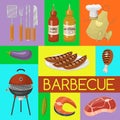 Barbeque picnic party banner meat steak roasted on round hot barbecue grill vector illustration. Bbq in park, banner