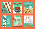 Barbeque picnic party cards meat steak roasted on round hot barbecue grill vector illustration. Bbq in park, banner