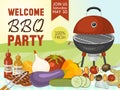 Barbeque picnic party poster meat steak roasted on round hot barbecue grill vector illustration. Bbq in park, banner Royalty Free Stock Photo