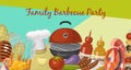 Barbeque picnic party poster meat steak roasted on round hot barbecue grill vector illustration. Bbq in park, banner