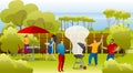 Barbeque picnic, summer, holidays, vacation and happy people concept, vector illustration. Group of friends making bbq