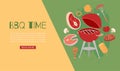 Barbeque time banner with grill, bbq and grilled food steak, chicken, vegetables vector illustration. Royalty Free Stock Photo