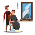 Barber character and man on the chair. Hairdresser holding