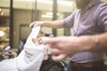 Hot towel on face before shaving in barber shop