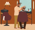 Barber cuts hair of client in barbershop, vector illustration. Barber shop interior design with chairs, mirrors