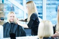 Barber or stylist at work. Hairdresser cutting woman hair Royalty Free Stock Photo