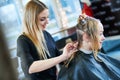 Barber or stylist at work. Hairdresser cutting woman hair Royalty Free Stock Photo