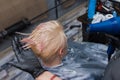 The barber hand of a girl of an experienced salon, worker in a glove dries her hair with a hair dryer to an adult client at work Royalty Free Stock Photo