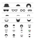 Barber icon flat set. Mustache, beard, glasses, hat, afro hair symbols. Hipster style, male fashion. Vector illustrated masque Royalty Free Stock Photo