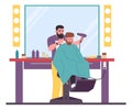 Barber with man client. Hairdresser giving haircut. Stylist shampooing and trimming hair to customer. Hairdo styling