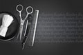 Barber razor, shaving brush, scissors, and comb on a dark background. Professions. Barber Shop concept