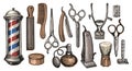 Barber retro tools for cutting hair, beard and mustache. Vintage barbershop items. Beauty salon concept illustration