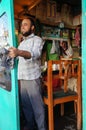 The barber's cleaning beore open the hair salon in Kargil, India