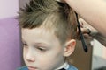 Barber`s hands combs and cutting blond short boy`s hair with scissors. Closeup boy`s face. Royalty Free Stock Photo