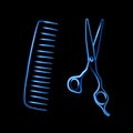 Barber scissors and comb with neon effect. Royalty Free Stock Photo
