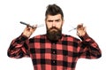 Barber scissors and straight razor, barber shop. Mens haircut, shaving. Bearded man, long beard, brutal, caucasian Royalty Free Stock Photo