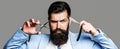 Barber scissors and straight razor, barber shop, suit. Vintage barbershop, shaving. Portrait beard man. Mustache men Royalty Free Stock Photo