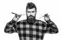 Barber scissors and straight razor, barber shop. Mens haircut, shaving. Bearded man, long beard, brutal, caucasian Royalty Free Stock Photo