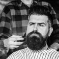 Barber serving client. Barber shop. Male haircut. Vintage barbershop, shaving. Confident bearded man visiting hairstylist