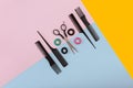 Barber set with combs and scissors on the color pink, yellow, blue paper background Royalty Free Stock Photo