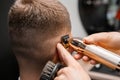 Barber shaves male client hair with trimmer in barbershop Royalty Free Stock Photo