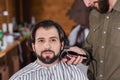 barber shaving happy handsome client Royalty Free Stock Photo