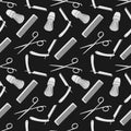 Barber Shop background, seamless pattern with hairdressing scissors, shaving brush, razor, and comb.