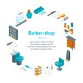 Barber Shop Banner Card Circle Isometric View. Vector