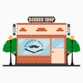 Barber Shop building facade with signboard, barber pole, mustache, straight razor, street lamps, trees. Hairdressing salon. Vector