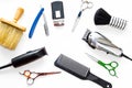 Barber shop equipment tools on white background. Professional hairdressing tools. Comb, scissor, clippers and hair trimmer isolate Royalty Free Stock Photo